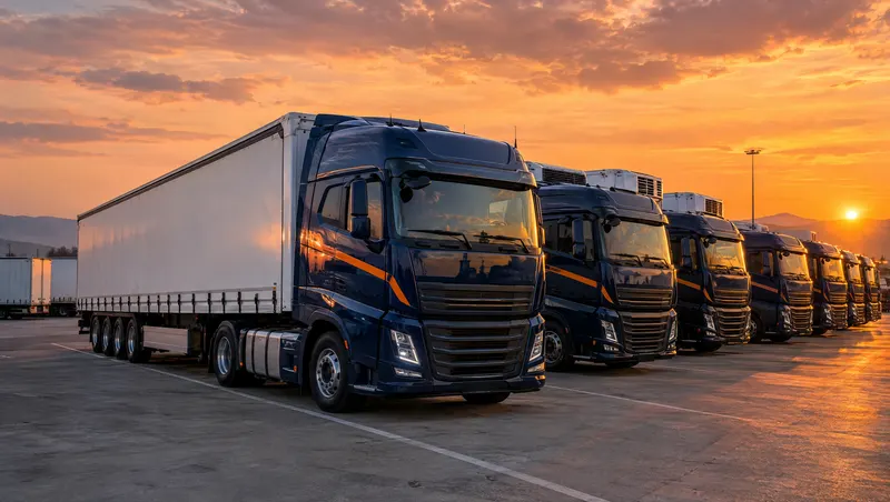 Cabezas tractoras y semirremolques azul marino de la flota de KEY Forwarding, aparcados al atardecer